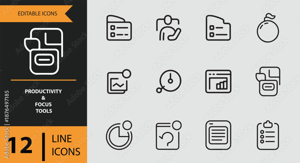 Fototapeta premium Productivity and focus tools line icons for enhanced workflow and task management