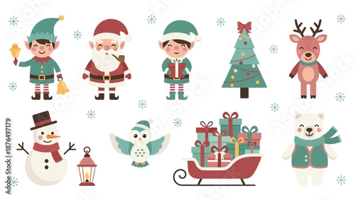 Festive christmas characters and decorations adorning a winter wonderland scene