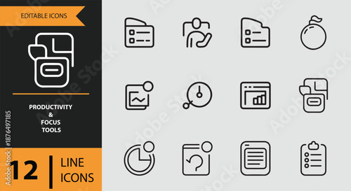 Productivity and focus tools line icons for enhanced workflow and task management