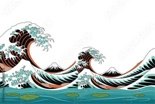 A stylized vector graphic illustration of a large wave crashing in front of a mountain range