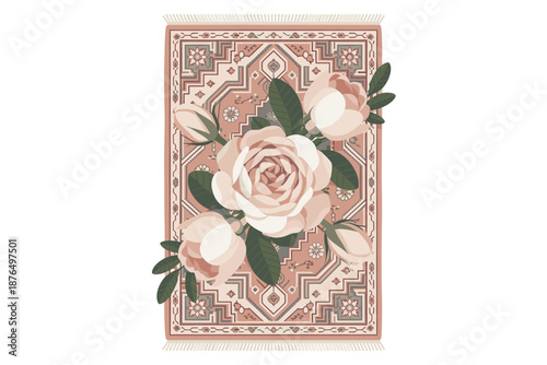 A beautiful floral rug with a pink and white rose design on a geometric patterned background