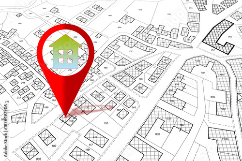 Searching new home - concept with an imaginary cadastral map of territory with buildings and home icon