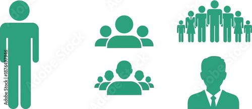 Green human and group icons in silhouette style on transparent background