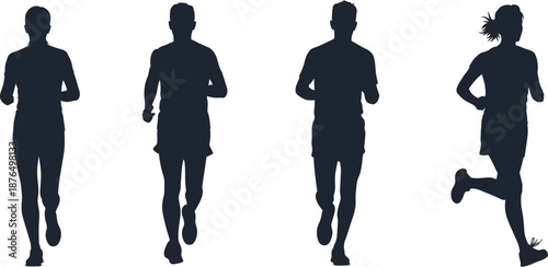 four running silhouettes of men and woman on transparent background