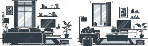 living room interior design with furniture and decor on transparent background silhouette