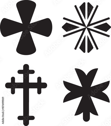 Collection of four minimalist black Christian cross symbols for graphic design