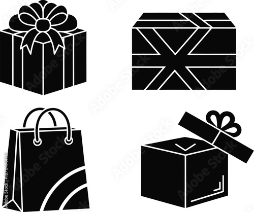 black and white gift box and shopping bag icons silhouette on transparent background