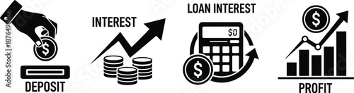 Financial icons including deposit interest loan interest and profit on transparent background silhouette
