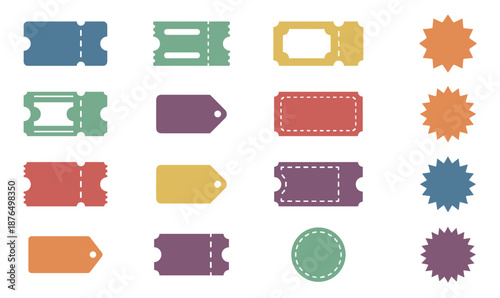 Colorful collection of blank tickets, tags, and labels in various shapes and muted tones, showcasing a flat graphic design style for coupons, stickers, and price tags