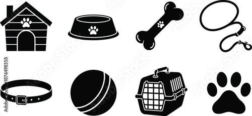 black dog icons including house bowl bone leash collar ball cage paw on transparent background silhouette