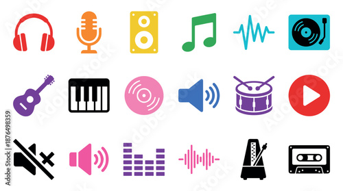 Colorful collection of flat design music icons representing sound and audio, including instruments, recording equipment, playback symbols, and sound waves in a minimalist style