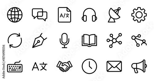 Set of black thin line icons for communication, language translation, and technology, featuring a globe, speech bubbles, headphones, and network symbols in a minimalist style