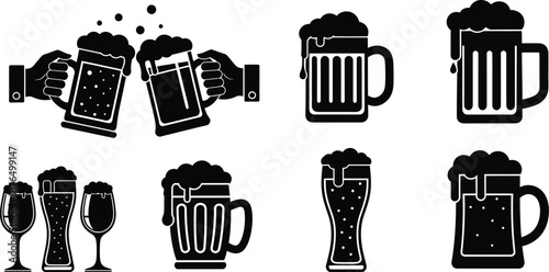 Collection of beer and wine glasses in silhouette style on transparent background