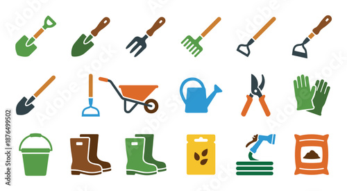 Colorful set of gardening tool icons including a shovel, rake, watering can, and boots, presented in a simple flat vector illustration style for agricultural or hobby concepts