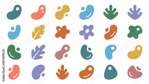 Collection of colorful abstract organic shapes and minimalist nature elements in a flat vector style, featuring blobs, leaves, and amoeba-like forms for modern design