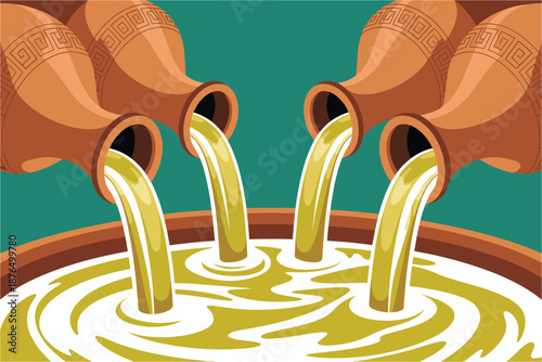 A vector graphic illustration of four clay jugs pouring oil into a large bowl