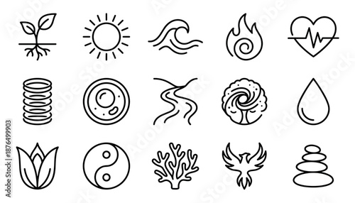 Set of minimalist black outline icons representing nature, elements, spirituality, and wellness concepts like sun, fire, water, plant, heart, and yin yang symbol in a clean style