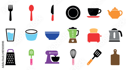 Colorful collection of kitchen utensil and appliance icons including a fork, spoon, blender, mixer, and toaster in a flat vector graphic style for cooking and food concepts