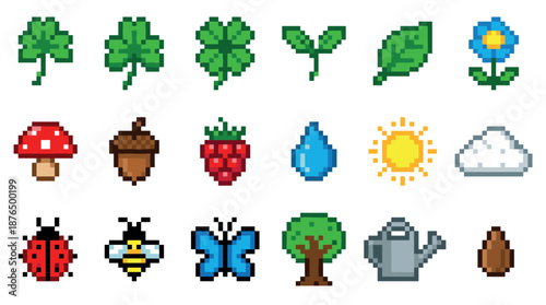 Collection of colorful pixel art icons featuring nature and gardening elements like a clover, mushroom, bee, and tree in a retro 8-bit video game asset style