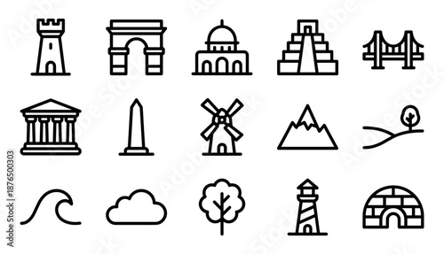 Set of minimalist black outline travel icons representing famous world landmarks, architecture, and nature symbols like a pyramid, bridge, windmill, and mountain for graphic design