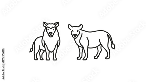 Lion and Cow Line Art Illustration: Wild vs Domestic Animal Contrast