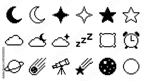 Set of black pixel art icons related to night, sleep, and space, featuring a moon, stars, clouds, planet, and telescope in a retro 8-bit video game style graphic