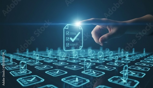 Digital checklist verification for efficient task management, online approval processes, and secure system compliance in a futuristic interface.