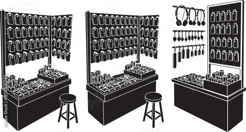Jewelry Store Displays with Various Accessories and Stools Inside