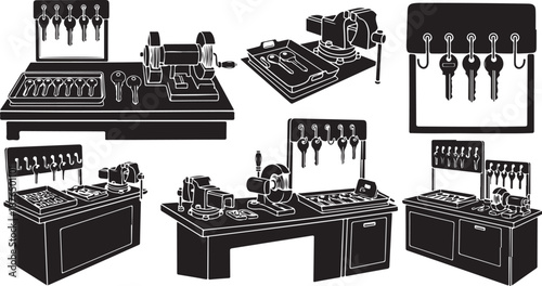 Various toolboxes and workbenches with tools and equipment displayed