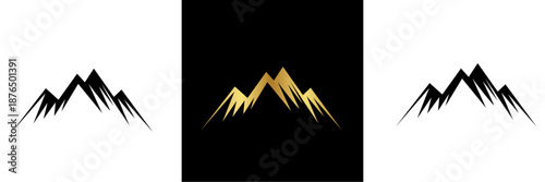 Set of minimalist mountain range logo icons in black and gold, featuring sharp peaks and jagged silhouettes for outdoor branding.