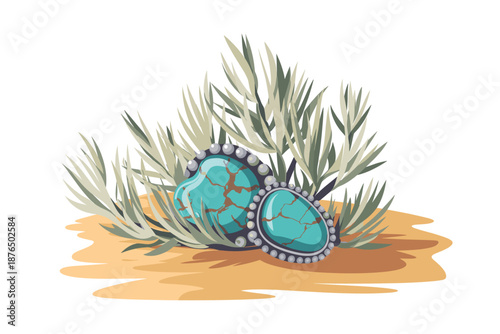 A vector graphic illustration of two turquoise stones surrounded by leaves and set in a decorative border