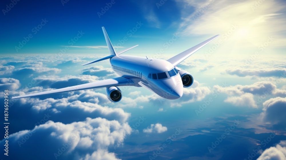 Obraz premium A futuristic electric plane soaring through the clouds, highlighting eco-friendliness and innovation