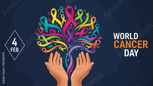 World Cancer Day awareness campaign with colorful ribbons and hands