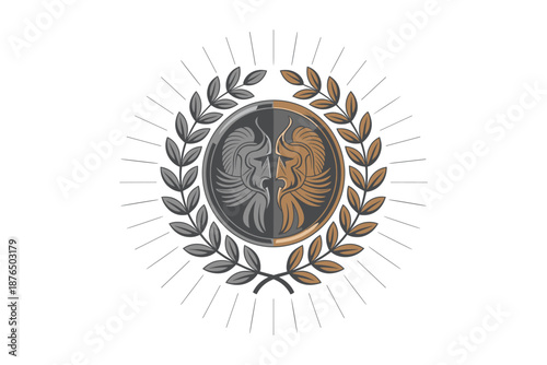 A stylized vector graphic of a laurel wreath with a circular emblem featuring two opposing bird designs in gray and gold tones.