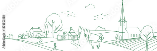 countryside, landscape, rural, village, farm, nature, lineart, outline, drawing, illustration, green, fields, church, houses, trees, cow, walking, peaceful, scenery, minimal