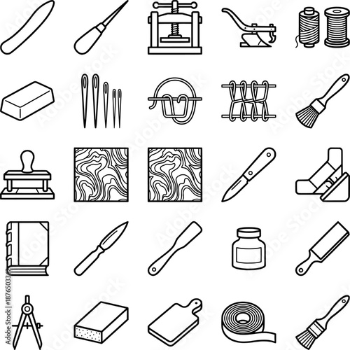 Traditional Bookbinding Craft and Restoration Tool Icon Set. Black Line Art Vector Symbols of Bone Folders, Presses, Stitching, and Artisan Paper Tools
