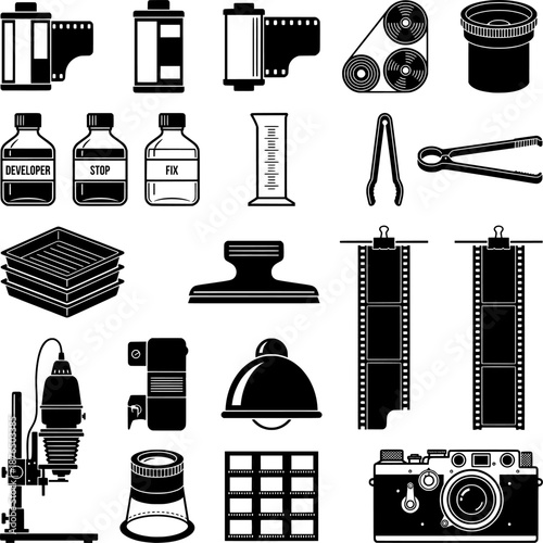 Analog Film Photography and Darkroom Development Icon Set. Retro Line Art Vector Symbols of Cameras, Film Rolls, Processing Tanks, and Chemical Trays