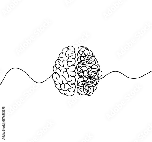 Minimalist Line Drawing of Brain with Structured Left and Chaotic Right Hemisphere in Symbolic Contrast