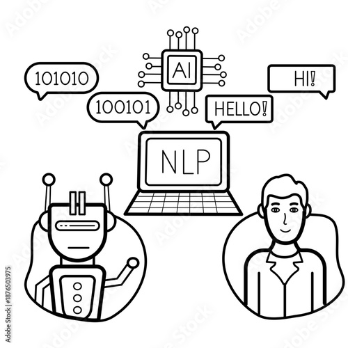 teaches computers to understand, interpret, and generate human language concept, Converting spoken words into text vector icon design, AI automation stock illustration