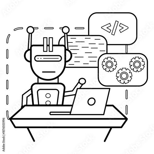 humanoid robot seated at desk concept, Digital Engineer code testing vector icon design, AI automation stock illustration