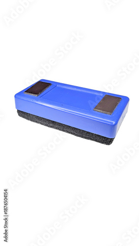 PNG transparent background - Professional blue magnetic whiteboard eraser with felt pad. Essential tool for office supplies, education, schools, and boardroom presentations on clear background.