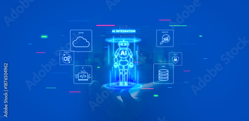 AI integration system connecting data, cloud, automation, API, and analytics through a central AI core, futuristic glowing circuit lines, Holographic UI overlay for business and technology solutions