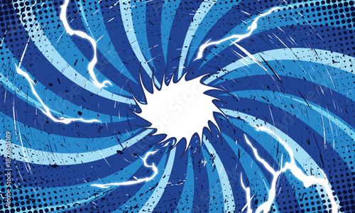 Dynamic blue comic book spiral background with a central white burst, electric lightning bolts, and grunge halftone textures.