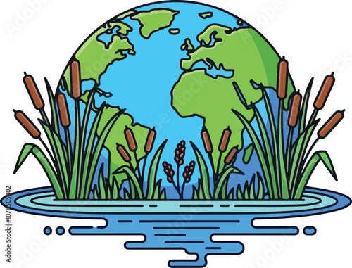 An educational illustration of a globe surrounded by plants and water