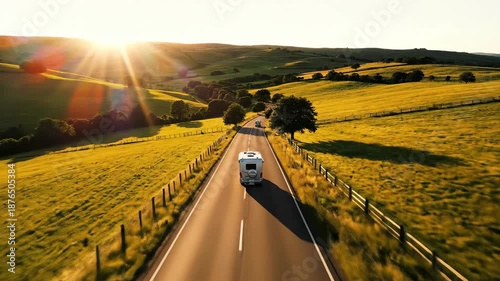 Camper Van Traveling Road Trip Countryside Sunset Golden Hour Aerial