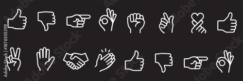 Hand gestures icon set. Contains such icons as handshake, clapping hands, horns, thumb up finger, middle finger, helping hand, heart, fingers crossed, fist, direction, like, unlike and more 