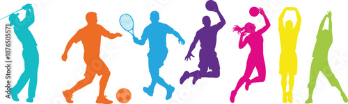 sport, athlete, silhouette, colorful, action, motion, energy, fitness, game, competition, player, training, exercise, dynamic, movement, teamwork, strength, performance, passion, illustration
