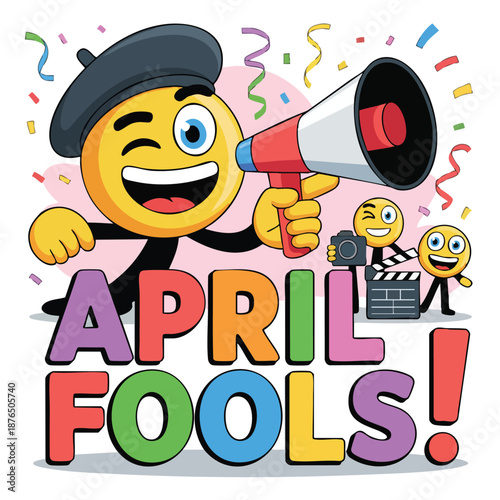A colorful illustration celebrating April Fools' Day with vibrant text and party decorations