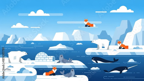 Arctic wildlife scene with polar bears seals orcas and arctic foxes on icebergs in a blue ocean