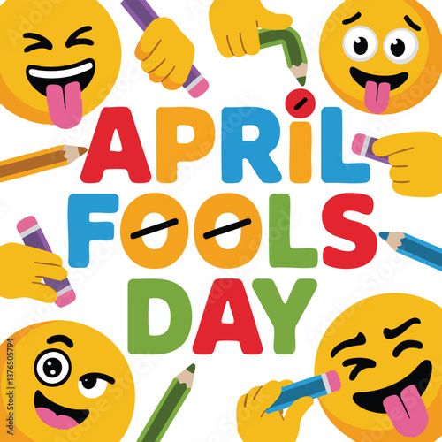 A colorful illustration celebrating April Fools' Day with vibrant text and party decorations